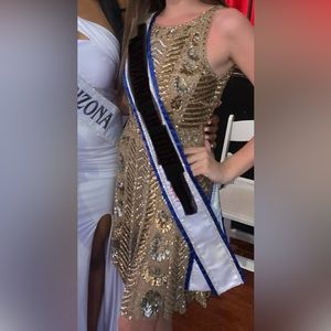 Rachel Allan size 0 gold and silver fully beaded cocktail dress